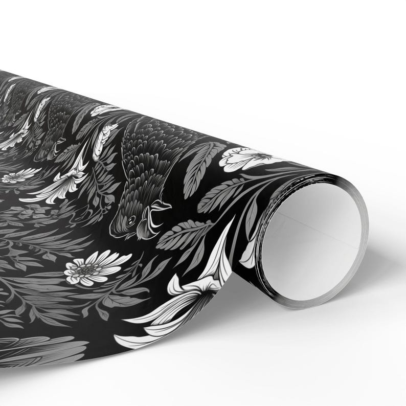 Goth Wrapping Paper, Black and white wrap paper, Gift wrapping paper, Raven gift wrapping, Present wrapping paper, Gift paper roll, Flowers image 2