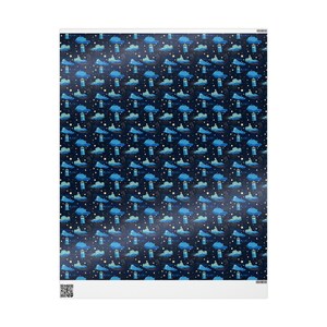 May include: A blue and white patterned wrapping paper featuring a repeating design of blue TARDIS boxes flying through the air with clouds and stars.