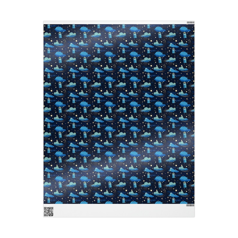 May include: A blue and white patterned wrapping paper featuring a repeating design of blue TARDIS boxes flying through the air with clouds and stars.