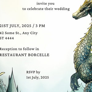 K&ouml;nnte beinhalten: Eine Hochzeitseinladung mit einer Illustration eines gr&uuml;nen und goldenen Drachen. Der Text der Einladung lautet: "invite you to celebrate their wedding 21st July, 2025 / 3 PM 42 Some St., Any City ST 4444 Reception to follow in RESTAURANT BORCELLE RSVP by 1st July, 2025"