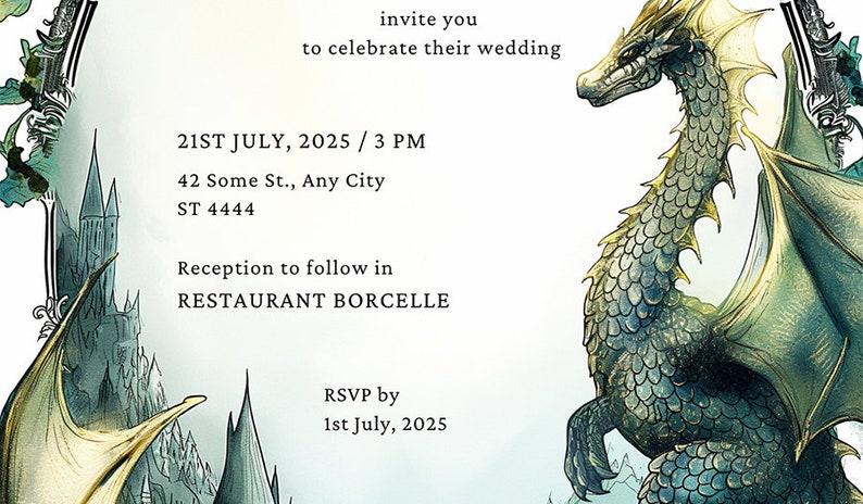K&ouml;nnte beinhalten: Eine Hochzeitseinladung mit einer Illustration eines gr&uuml;nen und goldenen Drachen. Der Text der Einladung lautet: "invite you to celebrate their wedding 21st July, 2025 / 3 PM 42 Some St., Any City ST 4444 Reception to follow in RESTAURANT BORCELLE RSVP by 1st July, 2025"