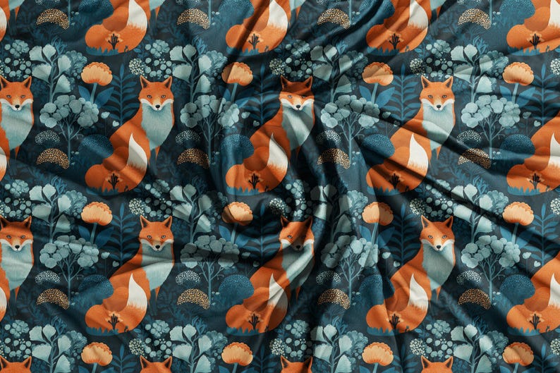 May include: A fabric with a repeating pattern of foxes, flowers, and foliage. The foxes are orange and white, set against a dark teal background with light blue and orange accents. The design has a whimsical, forest theme.