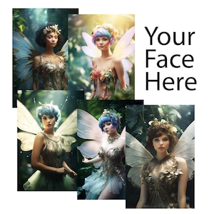 Puede incluir: Cinco mujeres vestidas de hadas con alas, cada una con una peluca y un disfraz de color diferente. El texto "Your Face Here" está en el fondo.