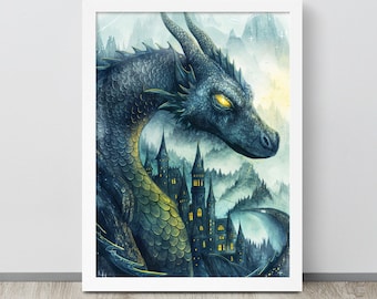 Dragon picture frame, Fantasy home decor, Dragon print, Framed geek poster, Fantasy wall art, DND gift, Fantasy Painting, Mythology room art