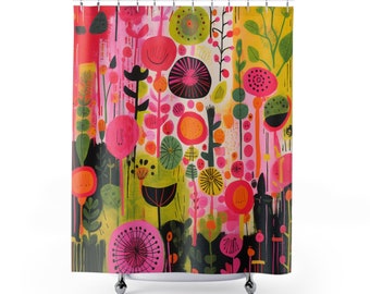 Rideau de douche coloré, salle de bain florale, décoration de salle de bain, rideau de douche inspiré de la nature, rideau de bain imperméable, décoration de bain audacieuse rose vert