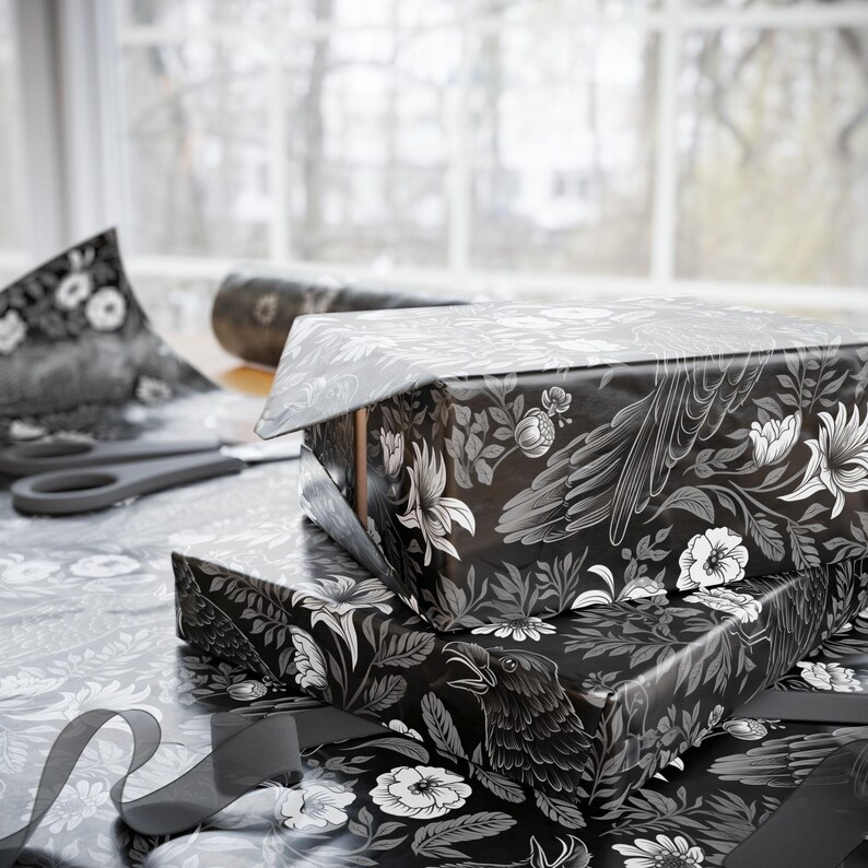 Goth Wrapping Paper, Black and white wrap paper, Gift wrapping paper, Raven gift wrapping, Present wrapping paper, Gift paper roll, Flowers image 8