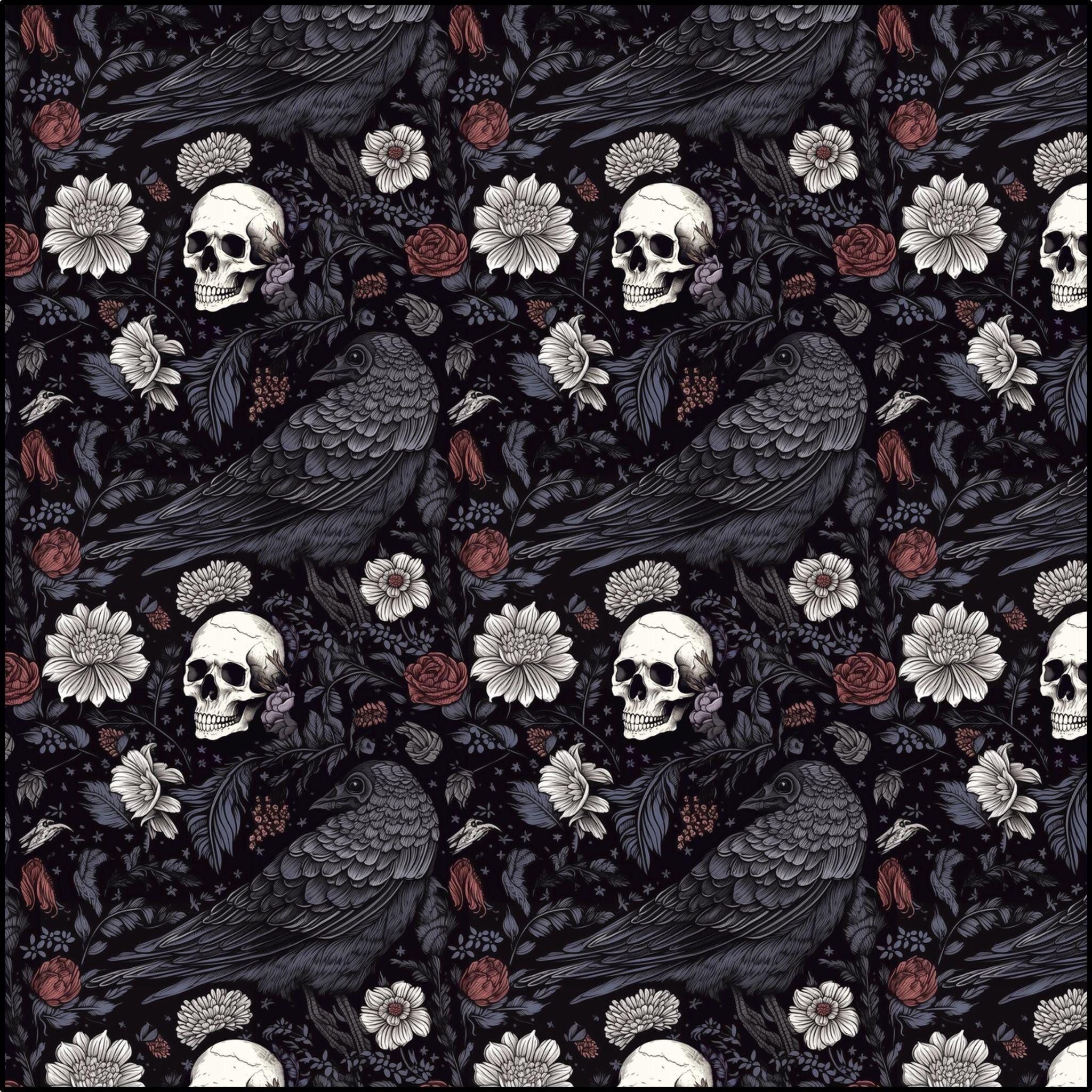 Gothic Fabric, Skull and Raven Cloth, Textile Pattern Design, Pure ...