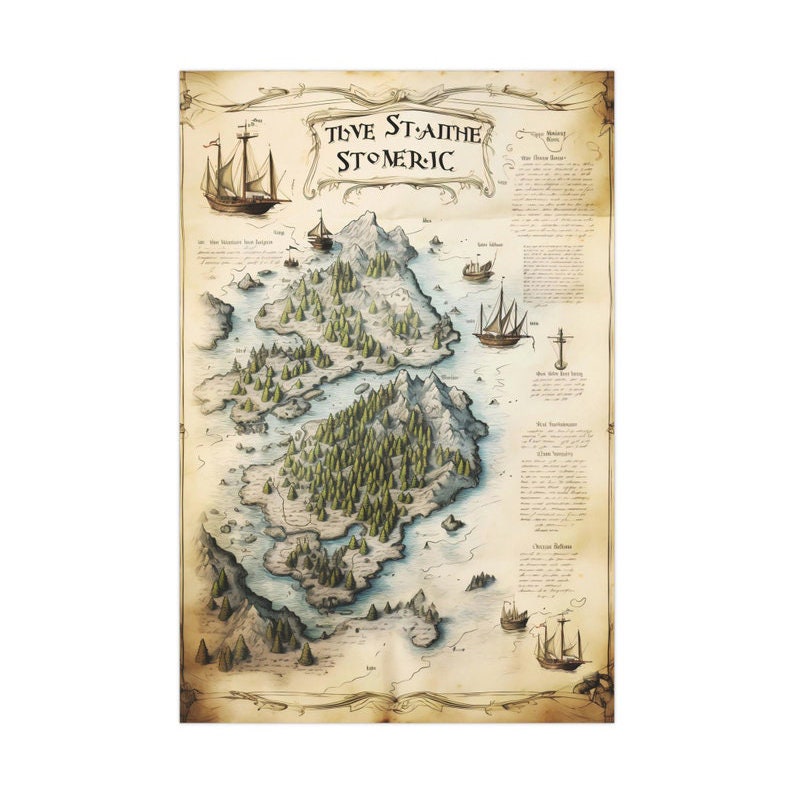 Puede incluir: Un mapa ilustrado de la isla ficticia de "Tive Staithe Stomeric" con una est&eacute;tica vintage. El mapa presenta una isla grande con m&uacute;ltiples islas m&aacute;s peque&ntilde;as que la rodean, todas cubiertas de &aacute;rboles. El mapa est&aacute; rodeado de texto e ilustraciones de barcos.