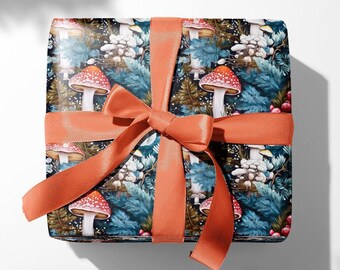Papel para envolver regalos de Navidad, Papel de regalo con motivos de setas, Papel de regalo inspirado en la naturaleza, Papel para envolver regalos, Rollo de papel para regalos, Papel de regalo, Cottagecore