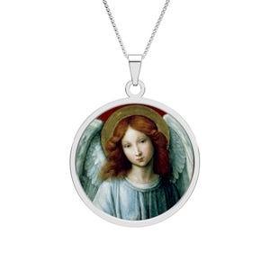 Angel Pendant Necklace, Guardian Angel Jewelry, Round Pendant Cherubim Necklace, Protection Necklace in Gold, Silver or stainless steel Stainless Steel
