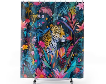 Bunter Duschvorhang, Dschungel Badezimmer Dekor, Natur inspiriert Duschvorhang, Wasserdichter Badvorhang, Bold Bad Decor, Leopard, Exotisch