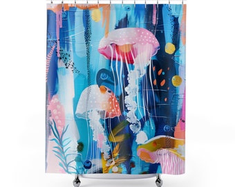 Colorful shower curtain, Marine Bathroom, Blue bathroom decor, Nature inspire shower curtain, Waterproof bath curtain, Artistic bath decor