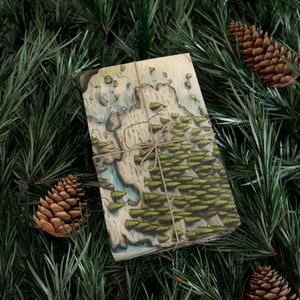 Puede incluir: Una caja de regalo envuelta con un dise&ntilde;o de mapa dibujado a mano que presenta una escena de bosque en tonos de verde y marr&oacute;n. La caja est&aacute; atada con cuerda y se encuentra sobre un lecho de agujas de pino verdes.