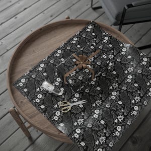 Goth Wrapping Paper, Black and white wrap paper, Gift wrapping paper, Raven gift wrapping, Present wrapping paper, Gift paper roll, Flowers image 6
