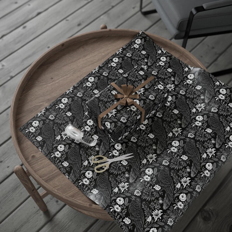 Goth Wrapping Paper, Black and white wrap paper, Gift wrapping paper, Raven gift wrapping, Present wrapping paper, Gift paper roll, Flowers image 6