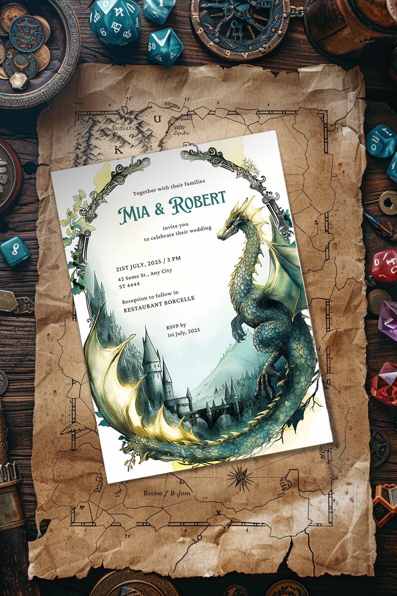 K&ouml;nnte beinhalten: Eine Hochzeitseinladung mit einem gr&uuml;nen Drachen und einem Schloss im Hintergrund. Die Einladung ist f&uuml;r Mia & Robert und findet am 21. Juli 2025 um 15:00 Uhr statt. Der Empfang findet im Restaurant Borcelle statt.
