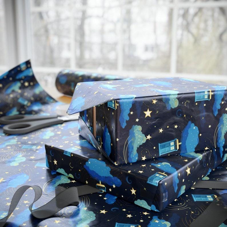 Doctor Who Gifts, Tardis wrap paper, Christmas gift wrapping, Gift wrapping paper, Sci Fi gift, Whovian gift, Geek gift, Wrap paper roll image 10