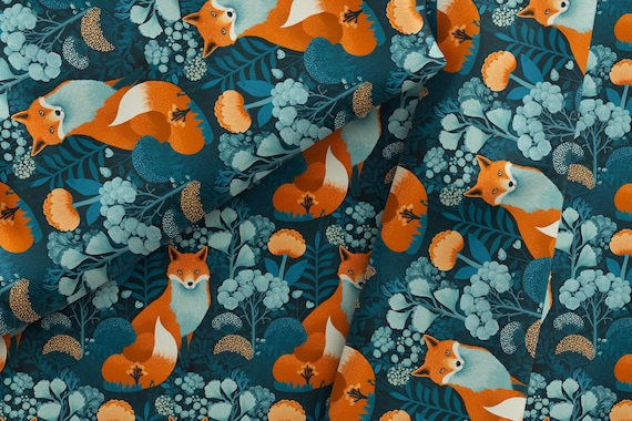 Fox Fabric, Textile Pattern Design, Pure Cotton for Sewing Crafts, Forest Apparel, Unique Cute Woodland Fabric, Nature Lover Gift Fox décor