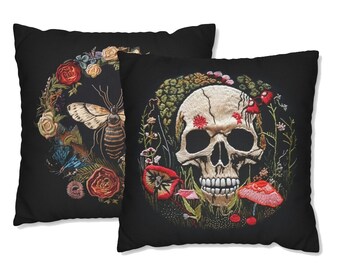 Throw pillow cover, Skull pillow, Moth cushion cover, Flowers pillow, Gothic pillow case, Square pillowcase, Whimsigoth, Boho, Romantic