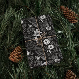 Goth Wrapping Paper, Black and white wrap paper, Gift wrapping paper, Raven gift wrapping, Present wrapping paper, Gift paper roll, Flowers image 7