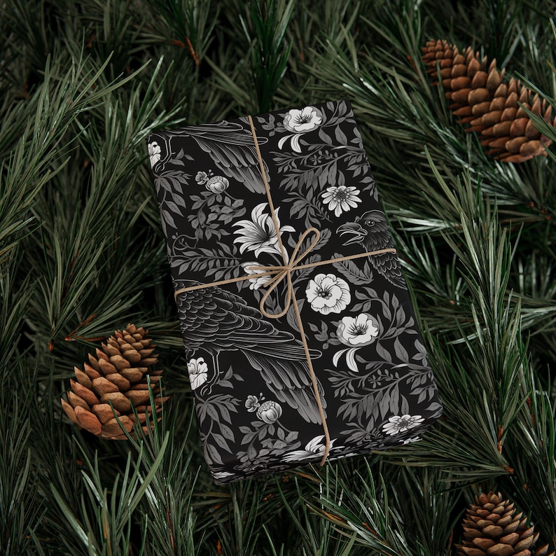 Goth Wrapping Paper, Black and white wrap paper, Gift wrapping paper, Raven gift wrapping, Present wrapping paper, Gift paper roll, Flowers image 7