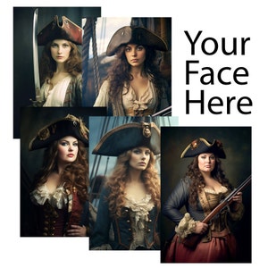 Ritratto personalizzato, foto di donna con intelligenza artificiale, poster personalizzato, ritratto di donna pirata, stile vintage, foto storiche stampabili come regalo da parete