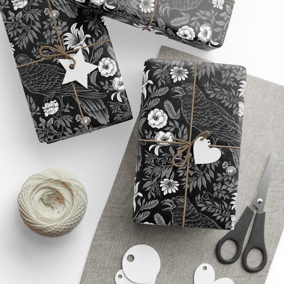 Goth Wrapping Paper, Black and white wrap paper, Gift wrapping paper, Raven gift wrapping, Present wrapping paper, Gift paper roll, Flowers