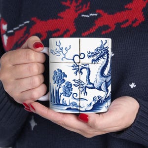 Tasse à café de Delft, tasse dragon, tasse en céramique blanche, cadeau pour amateur de café, tasse à thé, cadeau pour amateur de fantaisie, tasse de style ancien, tasse cadeau geek, 11 oz/15 oz
