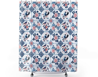 Shower curtain, Blue and pink bathroom, Bathroom Decor, Floral Bathroom, Japanese bathroom, Birds shower, Delicate, Housewarming gift