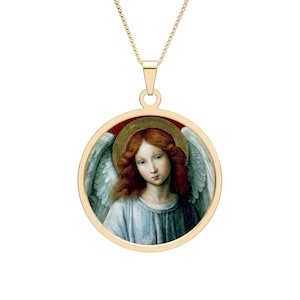 Angel Pendant Necklace, Guardian Angel Jewelry, Round Pendant Cherubim Necklace, Protection Necklace in Gold, Silver or stainless steel Gold Plated