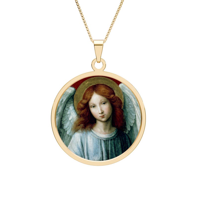 Angel Pendant Necklace, Guardian Angel Jewelry, Round Pendant Cherubim Necklace, Protection Necklace in Gold, Silver or stainless steel Gold Plated
