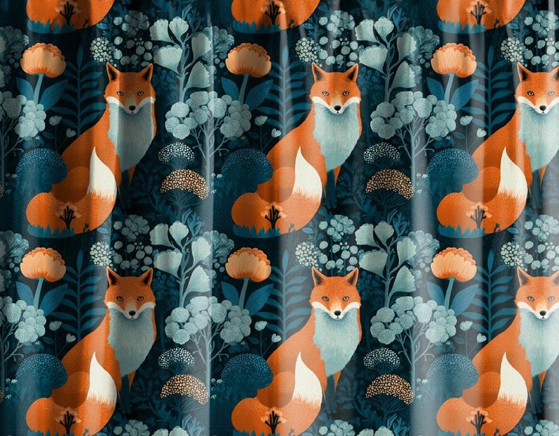 May include: A repeating pattern featuring orange foxes with white chests and tails, set against a dark teal background. The design includes stylized flowers and foliage in shades of orange, teal, and white, creating a whimsical forest theme.