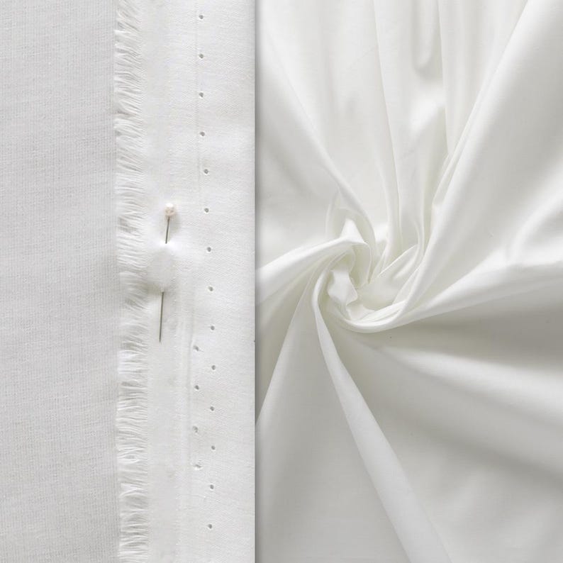 May include: A close-up of white fabric with different textures. One section shows a woven texture, another has a fringed edge with a pin, and the third is a smooth, flowing fabric. The image highlights the contrast in materials.