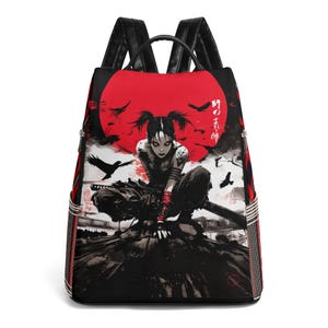 May include: Black backpack with a red and black illustration of a woman with a sword in front of a red sun with black crows. The text "明 の  侍" is on the backpack.