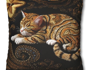 Könnte beinhalten: Eine braune und orange getigerte Katze mit weißen Pfoten schläft auf einem schwarzen Kissen mit einem goldenen und schwarzen Paisley-Muster.