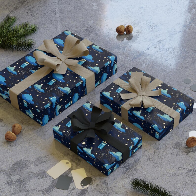Doctor Who Gifts, Tardis wrap paper, Christmas gift wrapping, Gift wrapping paper, Sci Fi gift, Whovian gift, Geek gift, Wrap paper roll image 6