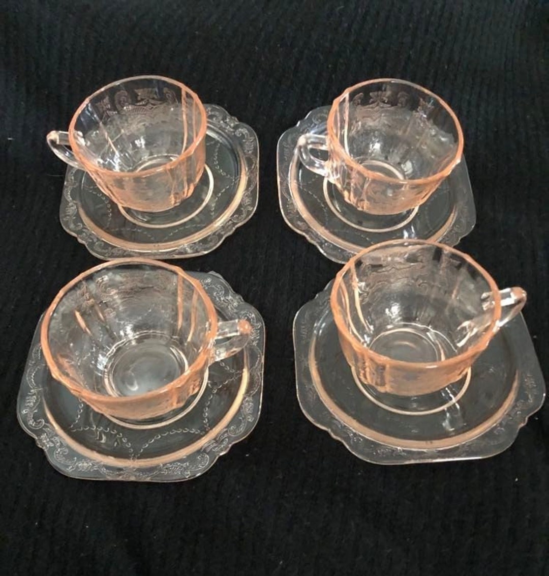 Depression Glass Tea Cups and Saucers Set of 4 Vintage Pink Indiana