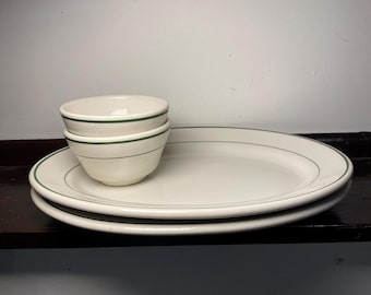Vintage 1956 Buffalo China Green Band Diner Set | 2 Oval Platters & 2 Monkey Bowls | Mid-Century Vitrified Restaurant Ware (Date Code Q-9)