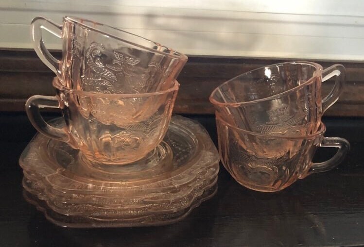 Depression Glass Tea Cups and Saucers Set of 4 Vintage Pink Indiana