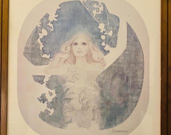 Vintage 1980 Christine Rosamond Poster "Dawn" | Framed Ethereal Portrait Print | 80s Pastel Art Deco Revival | large 22 by 28 print |