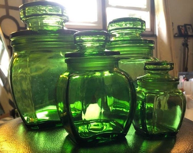Set of 4 Vintage Emerald Green Glass Lidded Canisters Etsy