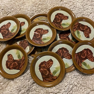 Vintage Hunting Dog Tin Coasters | Set of 14 Metal Litho Barware | Irish Setter & Pointer Profiles | Rustic Cabin Man Cave Decor