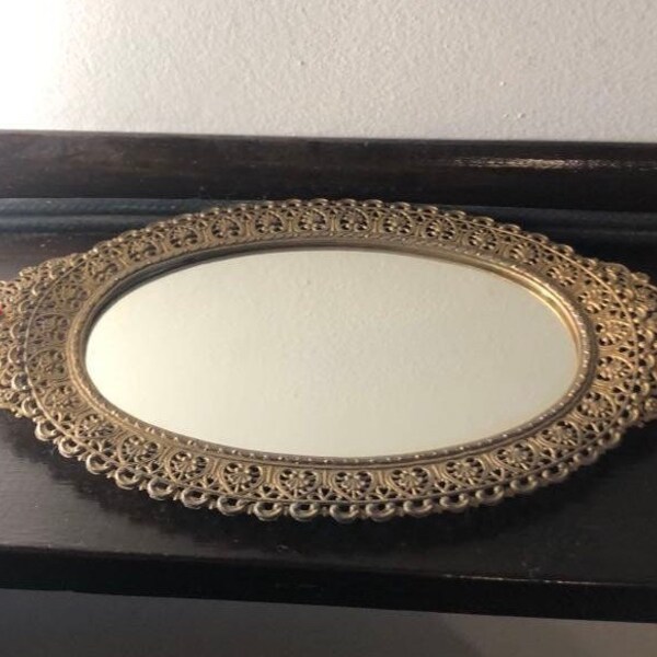 Vanity Dresser Oval Jeweled Tray | Filigree Oval Mirror |  Hollywood Regency Glam | Rare!