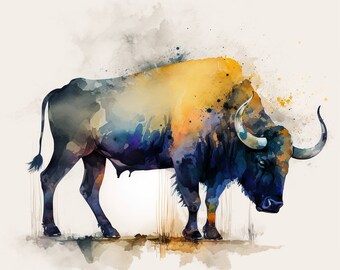 May include: Watercolour painting of a blue and yellow bull with large horns. The bull is standing on a light brown background with watercolour splatters.