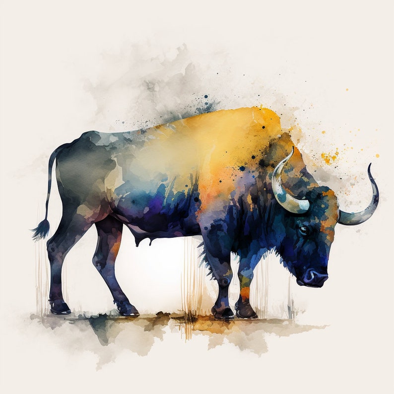 May include: Watercolour painting of a blue and yellow bull with large horns. The bull is standing on a light brown background with watercolour splatters.