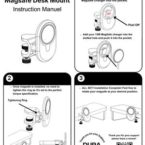 K&ouml;nnte beinhalten: Eine schwarz-wei&szlig;e Bedienungsanleitung f&uuml;r eine DURA MagSafe Schreibtischhalterung. Das Dokument enth&auml;lt drei nummerierte Schritte mit Diagrammen, die zeigen, wie man das Klebeband abzieht, ein 15W MagSafe-Ladeger&auml;t einsetzt und die Halterung montiert.