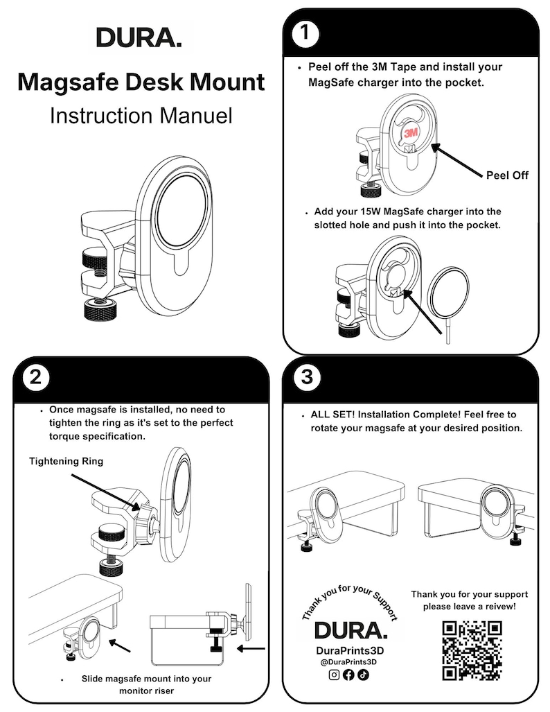K&ouml;nnte beinhalten: Eine schwarz-wei&szlig;e Bedienungsanleitung f&uuml;r eine DURA MagSafe Schreibtischhalterung. Das Dokument enth&auml;lt drei nummerierte Schritte mit Diagrammen, die zeigen, wie man das Klebeband abzieht, ein 15W MagSafe-Ladeger&auml;t einsetzt und die Halterung montiert.