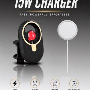 K&ouml;nnte beinhalten: Eine schwarze magnetische Tischhalterung mit goldumrandeter kreisf&ouml;rmiger &Ouml;ffnung und ein wei&szlig;es, rundes 15W-Ladeger&auml;t. Das Bild enth&auml;lt den Text: UPGRADE YOUR DESK, 15W CHARGER, FAST. POWERFUL. EFFORTLESS., 15W FAST CHARGING, STRONG MAGNETIC HOLD, SECURE & STABLE MOUNT, SAFE & RELIABLE CHARGING, PERFECT FOR DESK SETUP'S, PREMIUM QUALITY BUILT TO LAST, GREAT GIFT IDEAS.