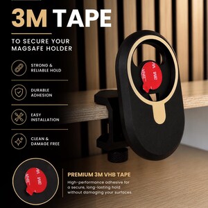 K&ouml;nnte beinhalten: Ein schwarz-goldener MagSafe-Halter mit kreisf&ouml;rmigem Design und Klemmmechanismus. Der Halter verf&uuml;gt &uuml;ber ein rotes 3M-Klebeband auf der R&uuml;ckseite. Der Text auf dem Bild umfasst: INCLUDED 3M TAPE TO SECURE YOUR MAGSAFE HOLDER, STRONG & RELIABLE HOLD, DURABLE ADHESION, EASY INSTALLATION, CLEAN & DAMAGE FREE, PREMIUM 3M VHB TAPE, DESIGNED & 3D PRINTED IN CANADA, MADE WITH PREMIUM PLA-CF MATERIAL.