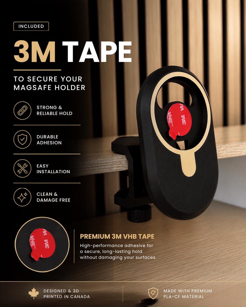 K&ouml;nnte beinhalten: Ein schwarz-goldener MagSafe-Halter mit kreisf&ouml;rmigem Design und Klemmmechanismus. Der Halter verf&uuml;gt &uuml;ber ein rotes 3M-Klebeband auf der R&uuml;ckseite. Der Text auf dem Bild umfasst: INCLUDED 3M TAPE TO SECURE YOUR MAGSAFE HOLDER, STRONG & RELIABLE HOLD, DURABLE ADHESION, EASY INSTALLATION, CLEAN & DAMAGE FREE, PREMIUM 3M VHB TAPE, DESIGNED & 3D PRINTED IN CANADA, MADE WITH PREMIUM PLA-CF MATERIAL.